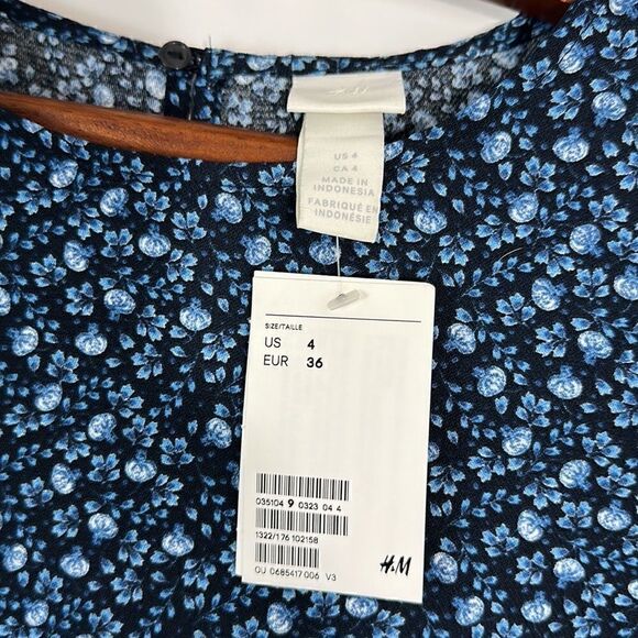H&M Floral Tunic Shift Dress Long Tie Sleeves Blue Size 4 - Picture 2 of 7
